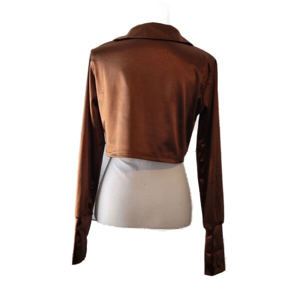 LuFeng Satin Caramel Brown Tie Front Long Sleeve 2 Crop Top Sz L - Picture 3 of 4